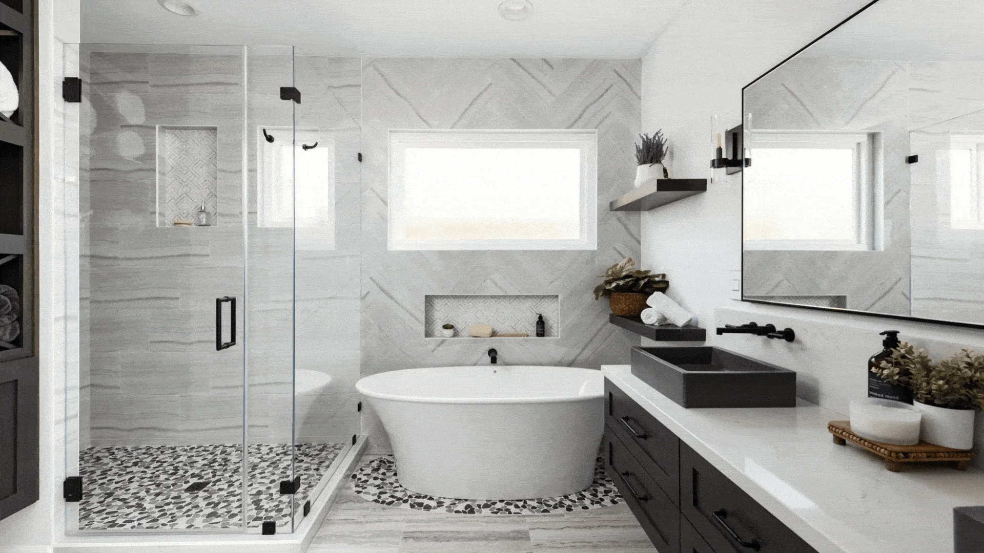 Bright bathroom with freestanding tub